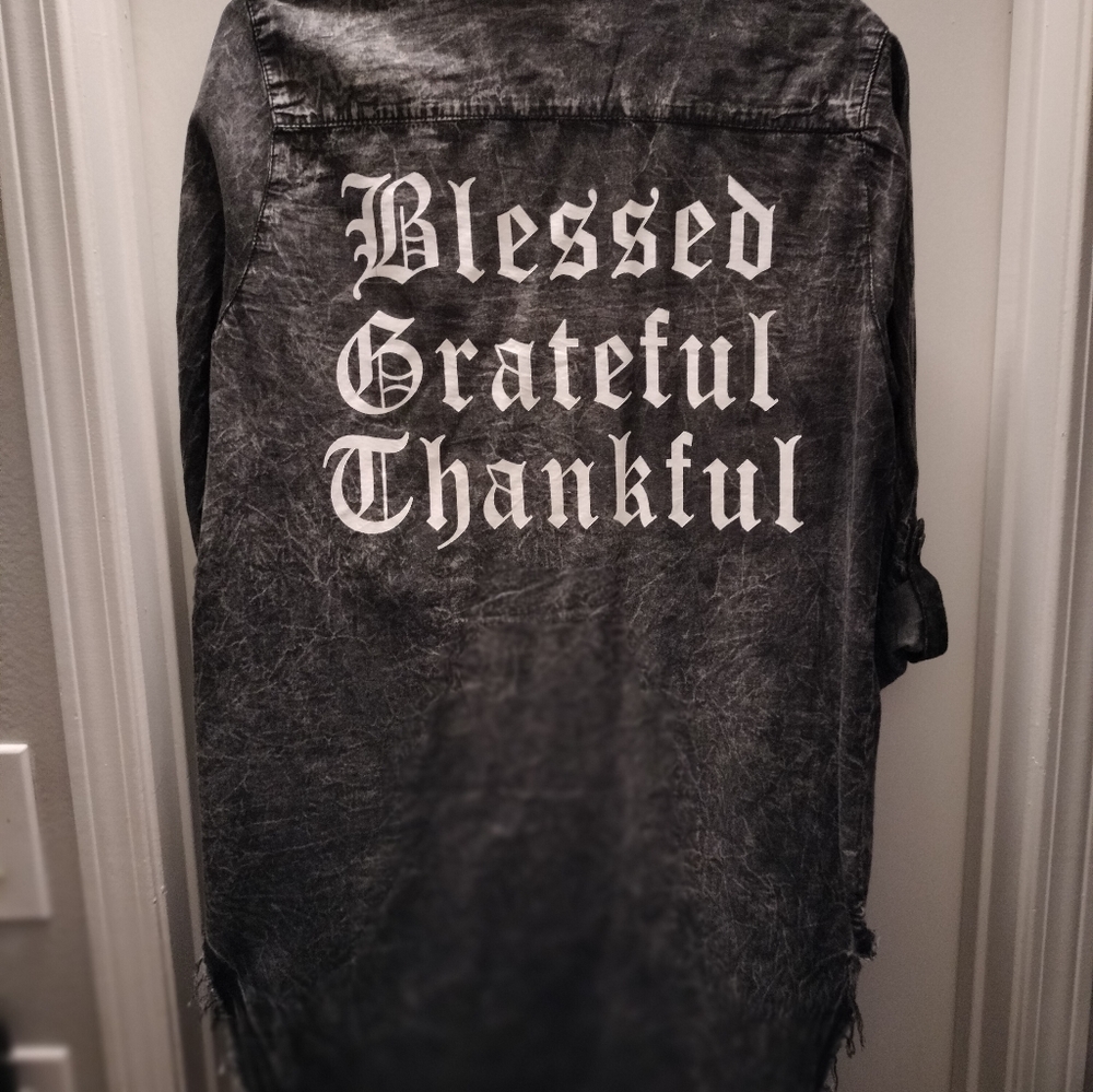 Thrill Deconstruct Long Denim Print Button Downov… - image 1